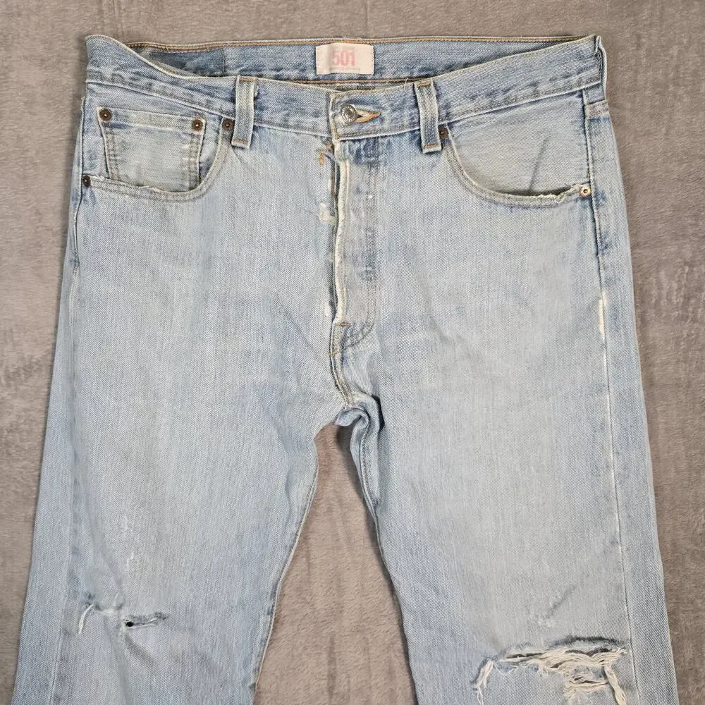 Levi’s 501 Jeans Mens 34x29 Light Wash Distressed Button Fly Straight Leg